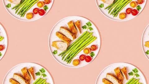 Pattern of roasted chicken breast with asparagus Stock Footage 153166417