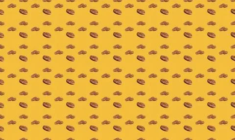 Pattern of roasted coffee beans on yellow background Иллюстрация