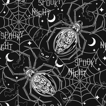 Pattern with robot spider, spiderweb, cat crescent Stock Illustration