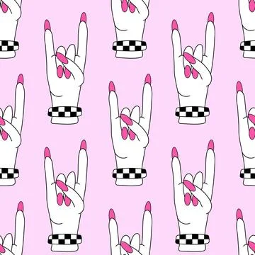 Pattern with Rock sign hand and chessboard wristband Stock Illustration