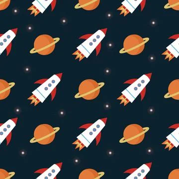 Pattern of rocket and Jupiter on dark background for website design Stock Illustration