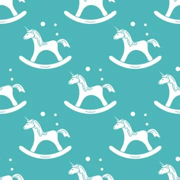 Pattern with rocking magic unicorn and bubbles. Illustrazione stock