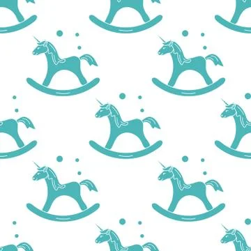 Pattern with rocking magic unicorn and bubbles. Stock Illustration