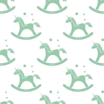 Pattern with rocking magic unicorn and bubbles. Stock Illustration