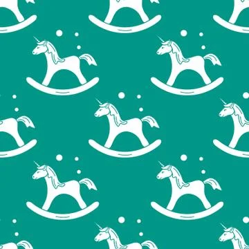 Pattern with rocking magic unicorn and bubbles. Stock Illustration