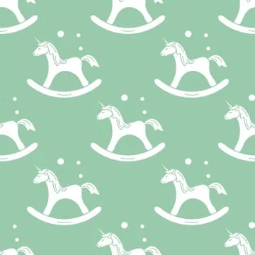 Pattern with rocking magic unicorn and bubbles. Stock Illustration