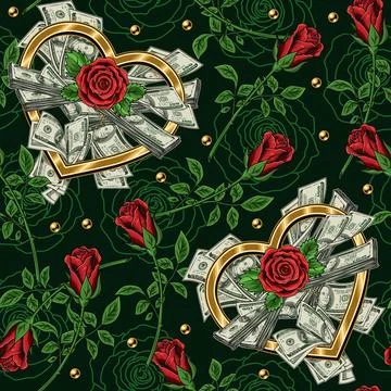 Pattern with roses, bundle of cash money in gold heart shaped frame, gold bea Stock Illustration