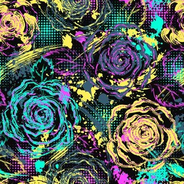 Pattern with roses, splattered paint, halftone Stock Illustration