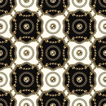Pattern with round elements of gold chains, beads 스톡 일러스트