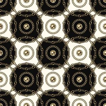 Pattern with round elements of gold chains, beads Stock Illustration