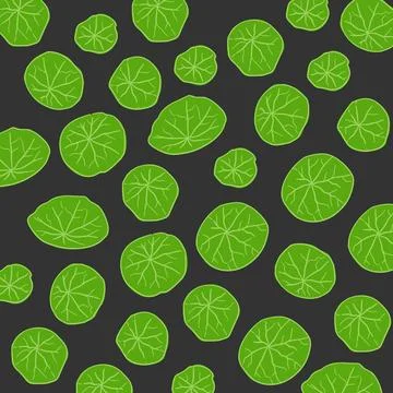 A pattern of round green leaves on a black background. Green leaves on pond Illustrazione stock