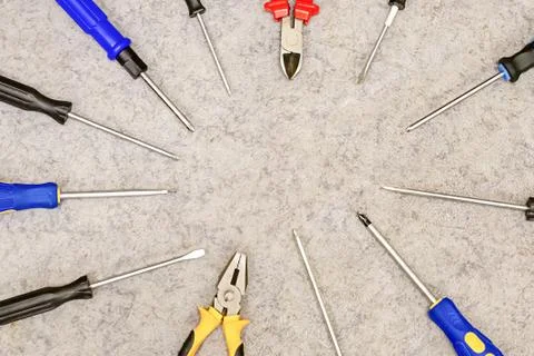 Pattern round set base screwdriver blue black knobs design background enginee Stock Photos