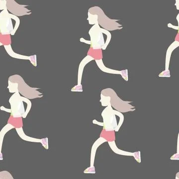 Pattern with running girls in flat style Stock Illustration
