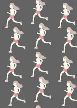 Pattern with running girls in flat style Stock Illustration