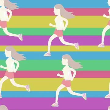 Pattern with running girls in flat style Stock Illustration