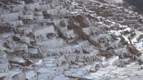 Pattern of salt terraces at Salinas de Maras in the Andes mountains of Peru Stock Footage 202289731