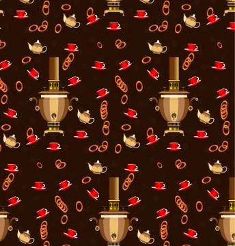 Pattern samovar cups of tea and Bagels for tea Stock Illustration