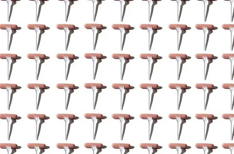 Pattern, sausage and plastic fork on a white background Stock Photos