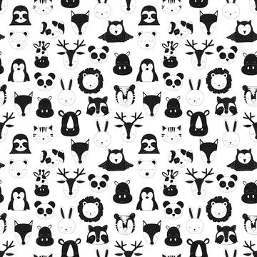 Pattern of scandinavian animals. Vector image of fox, deer, owl, sloth, rhino Stockillustratie