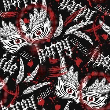 Pattern with scary masquerade mask, feathers, red eyes behind, text Harpy ins Stock Illustration