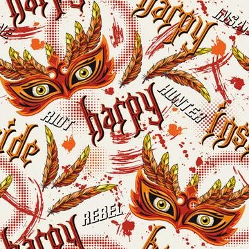 Pattern with scary masquerade mask, feathers, yellow eyes behind, text Stock Illustration