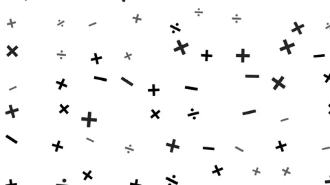 A pattern of scattered black mathematical symbols including addition, subtr.. Stock Footage 346260464