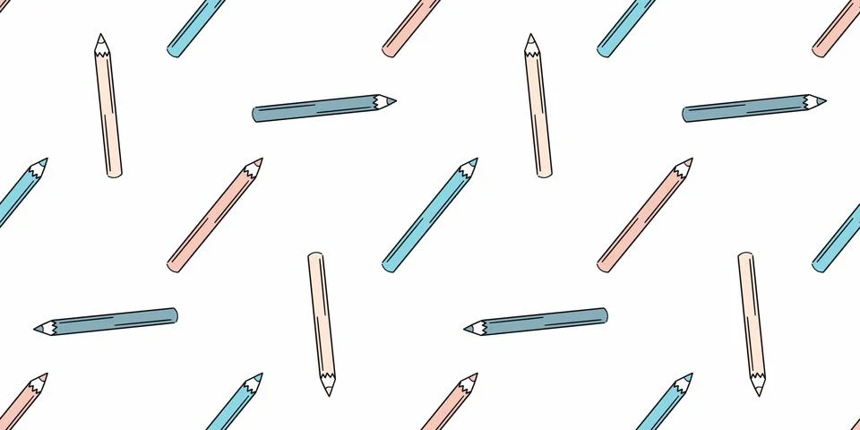 Pattern scattered colored Pencils. Seamless print of school supplies. Art Stock Illustration