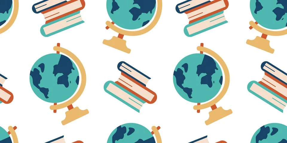 Pattern scattered Globe, stack of Books. Seamless School print. Geography lesson Stock Illustration