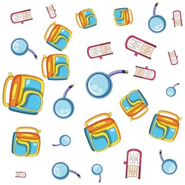 Pattern of school bags with magnifying glasses and books Stock Illustration