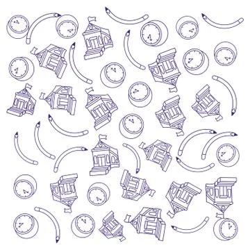 Pattern of school buildings with clocks and pencils Stock Illustration