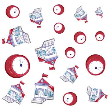 Pattern of school buildings with clocks time Illustrazione stock