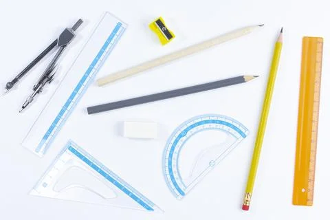 Pattern from school drawing supplies on white, top view. Stock Photos