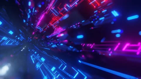Pattern like sci-fi hologram. Fly through technology cyberspace with neon glow Видео 171441652