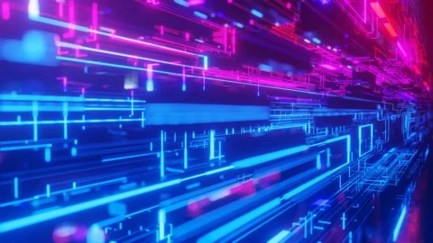 Pattern like sci-fi hologram. Fly through technology cyberspace with neon glow Stock Footage 171596852