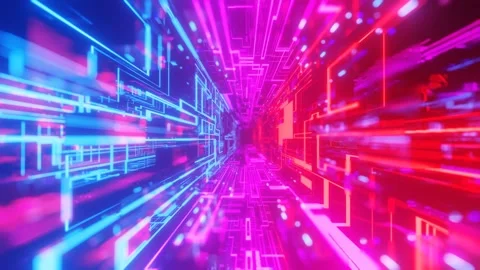 Pattern like sci-fi hologram. Fly through technology cyberspace with neon glow Stock Footage 219511475