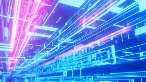 Pattern like sci-fi hologram. Fly through technology cyberspace with neon glow Stock Footage 225966216