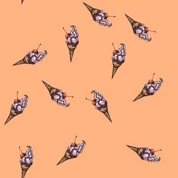 Pattern scoop ice cream cone sketch hand drawn Stock Illustration