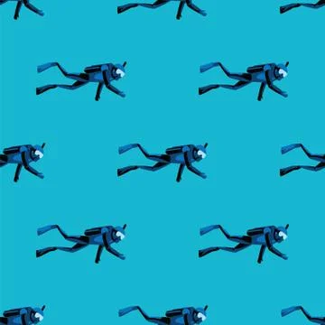 Pattern scuba diver diving under water on blue sea background. Diving in ocean Stock Illustration