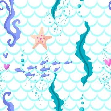 Pattern with sea creations. Underwater decorative fish and algae texture. Stock Illustration