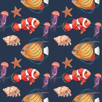 Pattern with sea life concept design watercolor vector illustration Stock Illustration