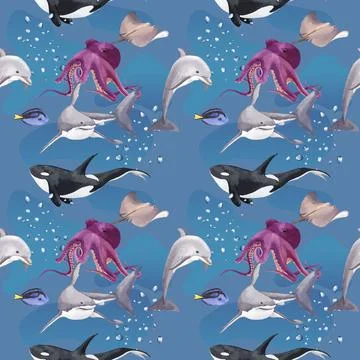 Pattern with sea life concept design watercolor vector illustration Stock Illustration