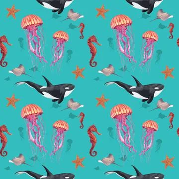 Pattern with sea life concept design watercolor vector illustration Stock Illustration