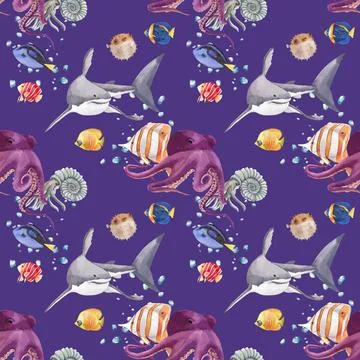 Pattern with sea life concept design watercolor vector illustration Stockillustratie