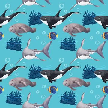 Pattern with sea life concept design watercolor vector illustration Stock Illustration