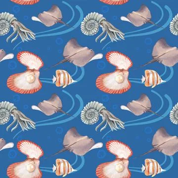 Pattern with sea life concept design watercolor vector illustration Stock Illustration