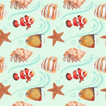 Pattern with sea life concept design watercolor vector illustration Stock Illustration