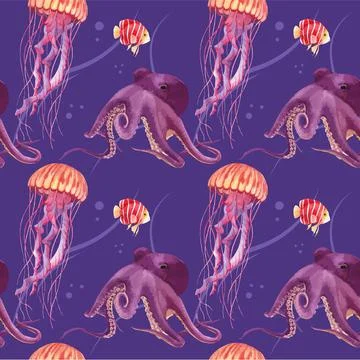 Pattern with sea life concept design watercolor vector illustration Illustrazione stock