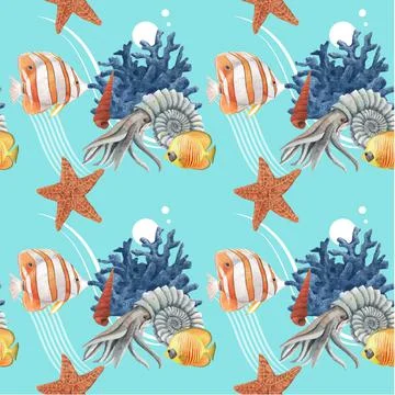 Pattern with sea life concept design watercolor vector illustration Illustrazione stock