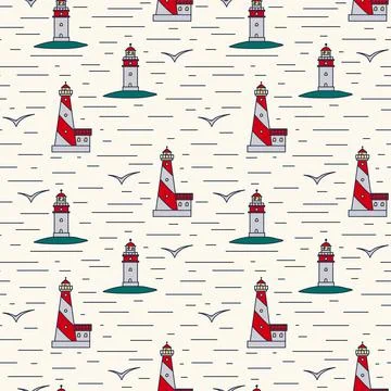 The pattern of the sea with a lighthouse. Lighthouse buildings on the shore to Stock Illustration