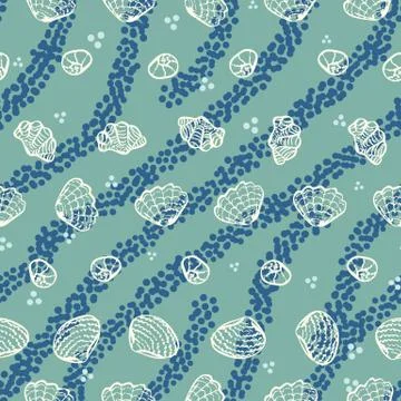 Pattern with sea shells and blue stripes on aqua Illustrazione stock